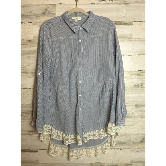 Umgee Women's 1XL plus blue whie stripe button down tunic top shirt lace long - Picture 1 of 6